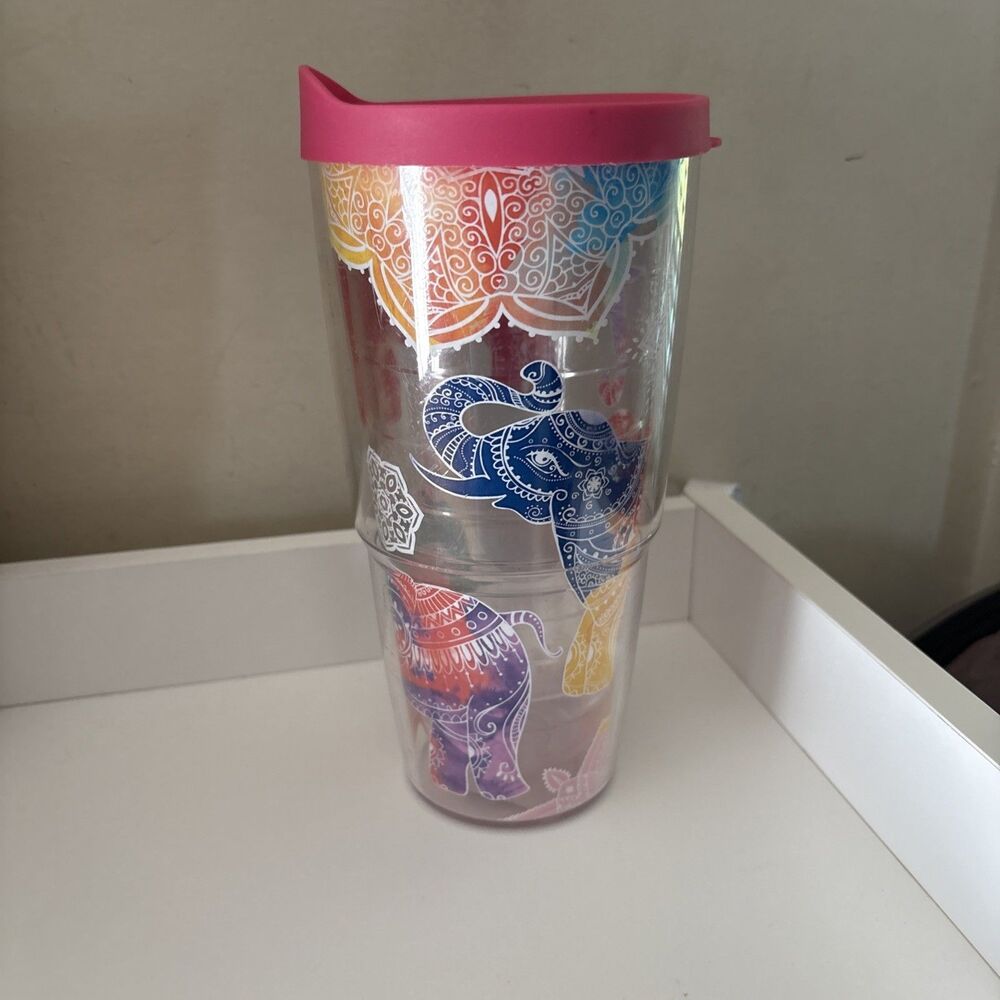 Tervis 24oz Tumbler Travel Mug Mehndi Elephant Colorful Wrap Pink Lid